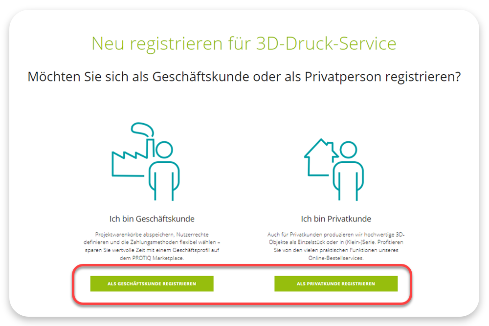 Screenshot von protiq.com: Auswahl Geschäftskunde oder Privatkunde
